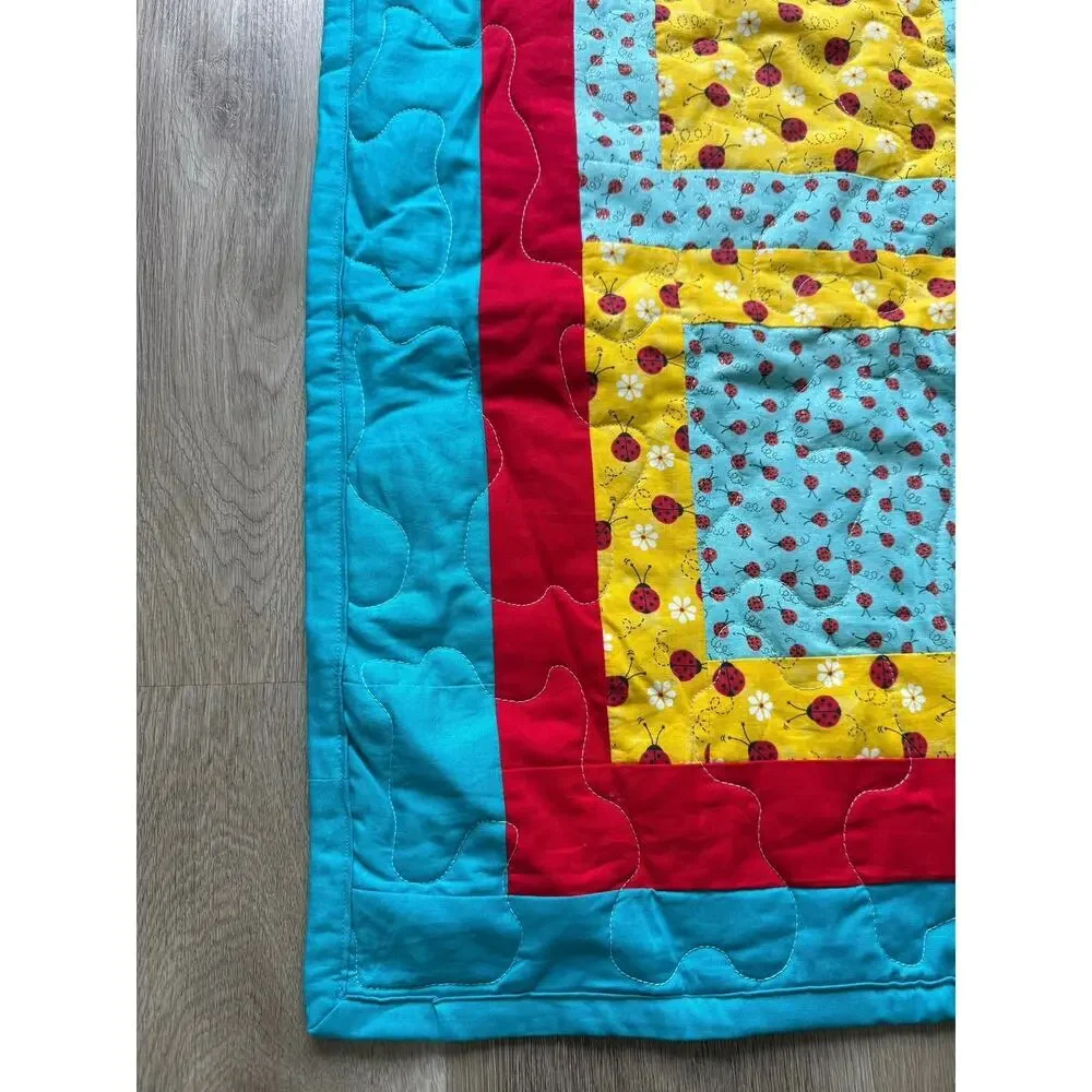 Handmade Quilt, ladybug daisy, Blue yellow red, child, baby, blanket